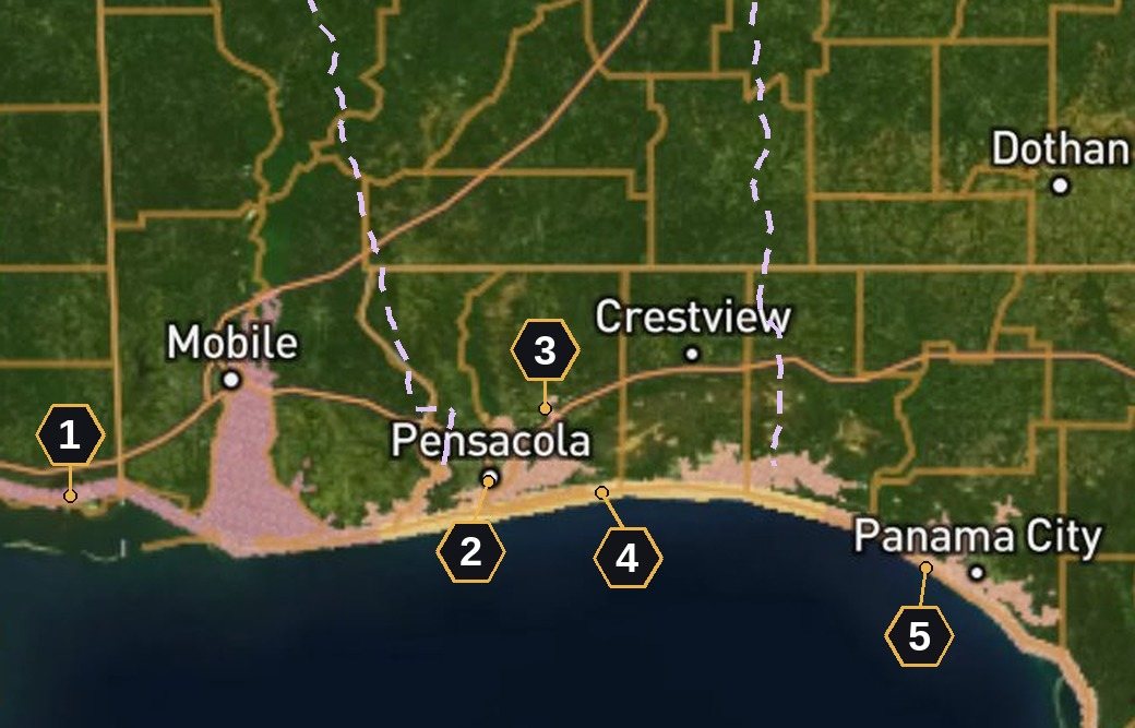 Map from the Oct 9 3:59 PM run: NHC peak storm surge forecast along the coast from Pascagoula to Panama City Beach, the cone the runs used drawn dashed, and five numbered first-look areas