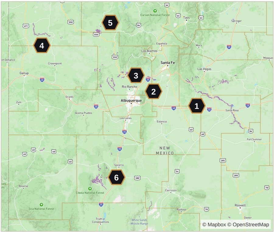 Map from the Sep 28 brief: New Mexico hotspot cells along six numbered river corridors