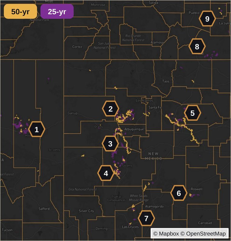 Map from the Sep 29 evening brief: where Google Flood Hub flood events overlapped forecast river flows at or above a 20-year return-period threshold across Arizona, New Mexico and Colorado, with nine numbered places