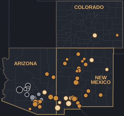 Map of flood impacts reported in Arizona, New Mexico and Colorado, Sep 28 to Oct 3, colored by how the briefs had flagged each area beforehand